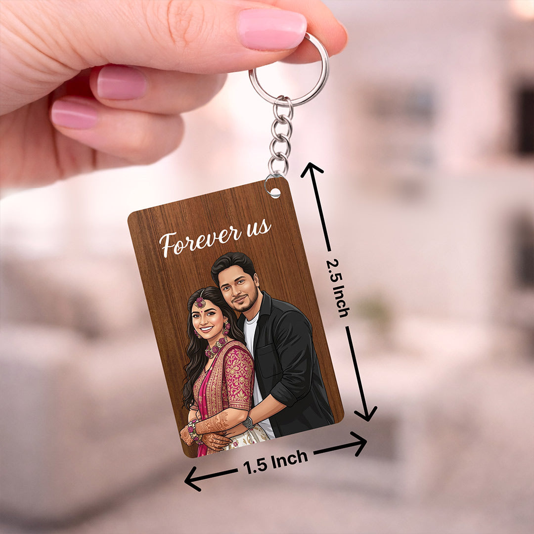 Personalized Wooden Couple Keychain with Cartoon Photo & Name Custom Print (2.5x1.5 Inch) Romantic Key Ring Gift for Boyfriend, Girlfriend, Husband & Wife | Love Craft Gifts