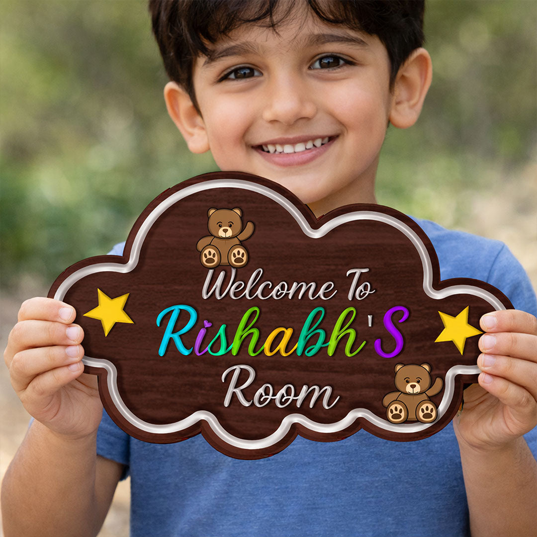 Personalized Kids Room Name Wooden Door Sign Welcome Cloud Design 11x6" | Love Craft Gifts