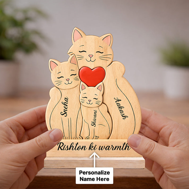 Personalized “Rishton Ki Warmth” Wooden Family Cats Name Stand Custom Name Print (5x7 Inch) Cute Desk Decor Gift for Family, Couples & Kids | Love Craft Gifts
