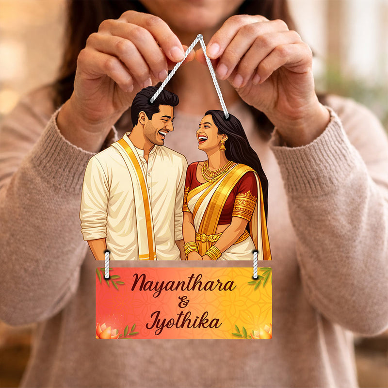 Personalized South Indian Couple Wooden Hanging Frame 9x12 Inch – Custom Name & Photo Traditional Gift | Love Craft Gifts™