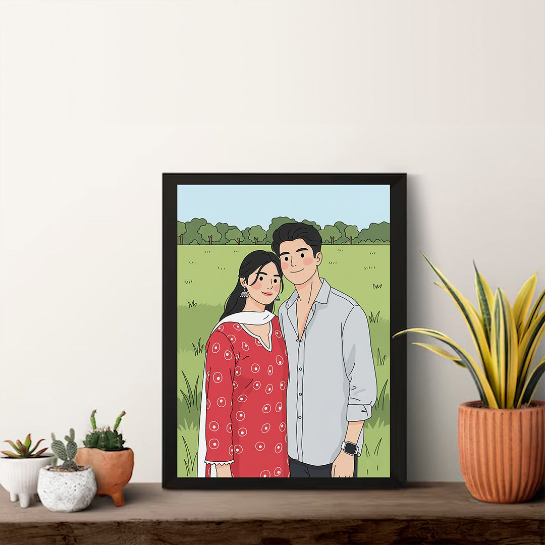 Personalized Cartoon Couple Illustration Photo Frame (6×8”) | Love Craft Gifts