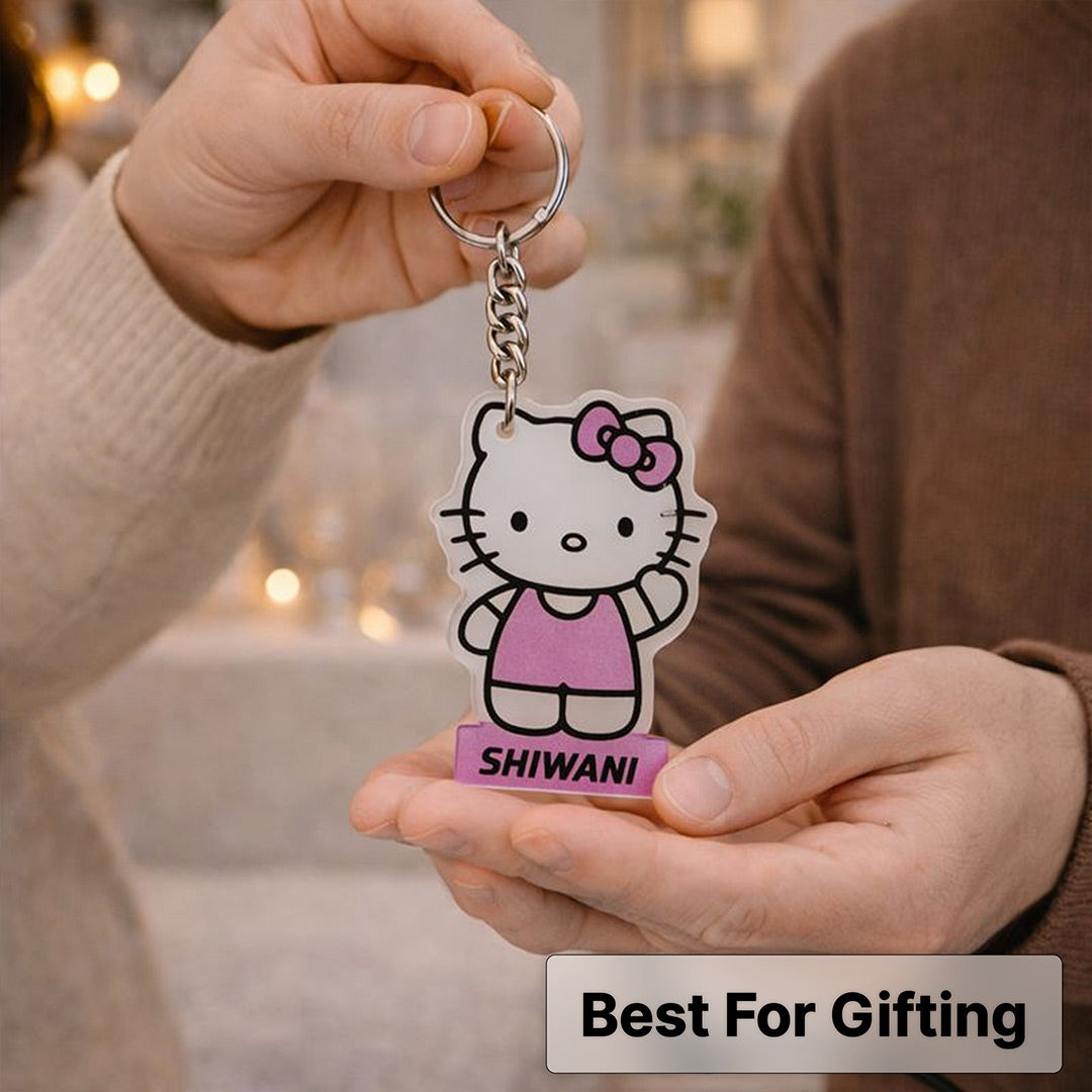 Personalized Cartoon Acrylic Name Keychain (Hello Kitty Style) | Love Craft Gifts