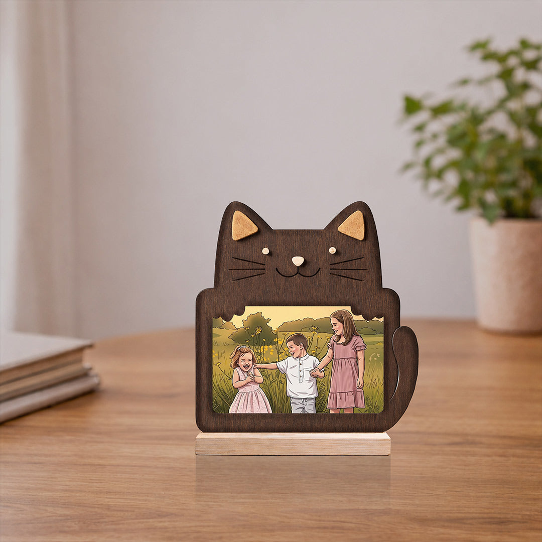 Personalized Wooden Cat Photo Frame Stand with Custom Cartoon Photo Print (6x6 Inch) Cute Cat Design Table Top Frame Gift for Kids, Family & Friends | Love Craft Gifts