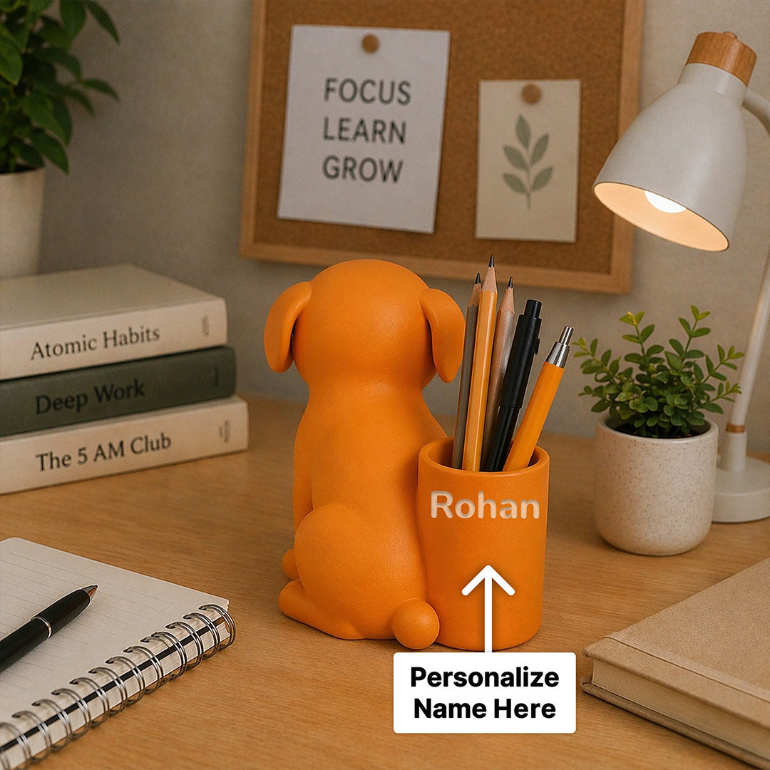 Personalized Orange Dog Pen Holder – Custom Name Cute Desk Organizer Gift for Dog Lovers | Love Craft Gifts™