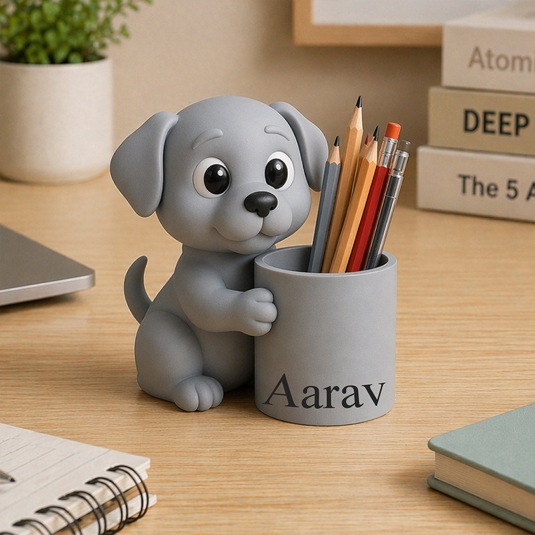 Personalized Cute Puppy Pen Holder – Custom Name Grey Puppy Desk Organizer Gift | Love Craft Gifts™