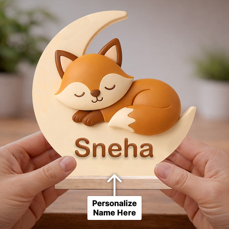 Personalized Cute Fox Moon Wooden Name Stand (6x6 Inch) Custom Name Kids Table Decor Gift for Girls, Baby & Kids Room | Love Craft Gifts