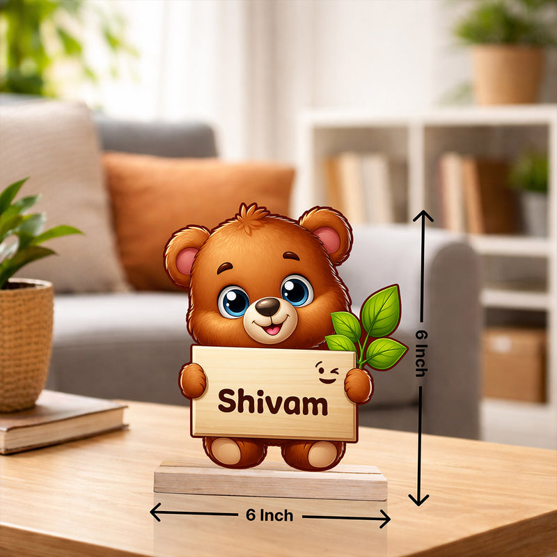 Personalized Cute Teddy Name Stand 6x6 Inch – Custom Wooden Cartoon Table Decor Gift | Love Craft Gifts™
