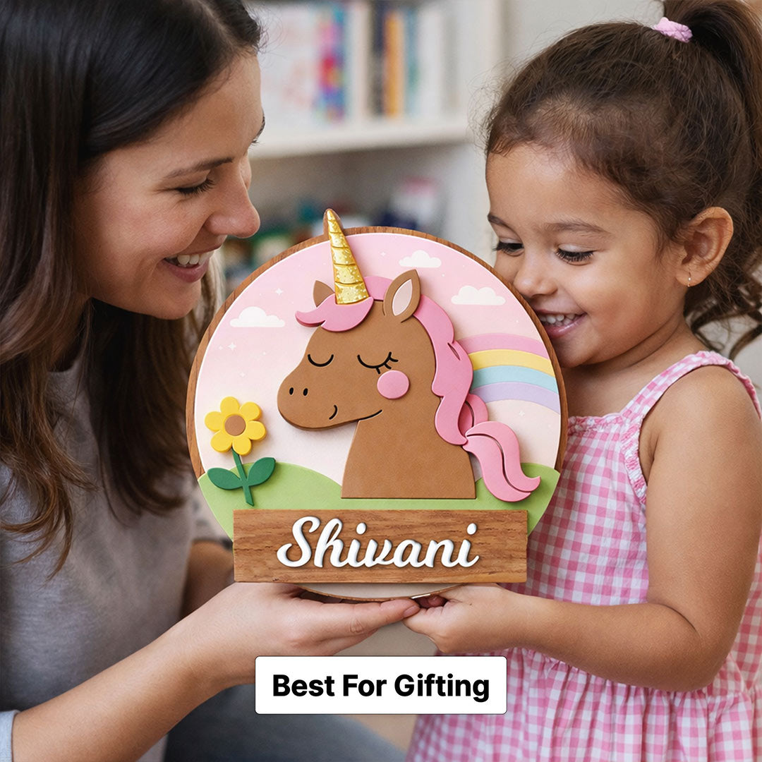 Personalized Kids Unicorn Name Wooden Door Sign Cute Cartoon Wall Decor 10x10" | Love Craft Gifts