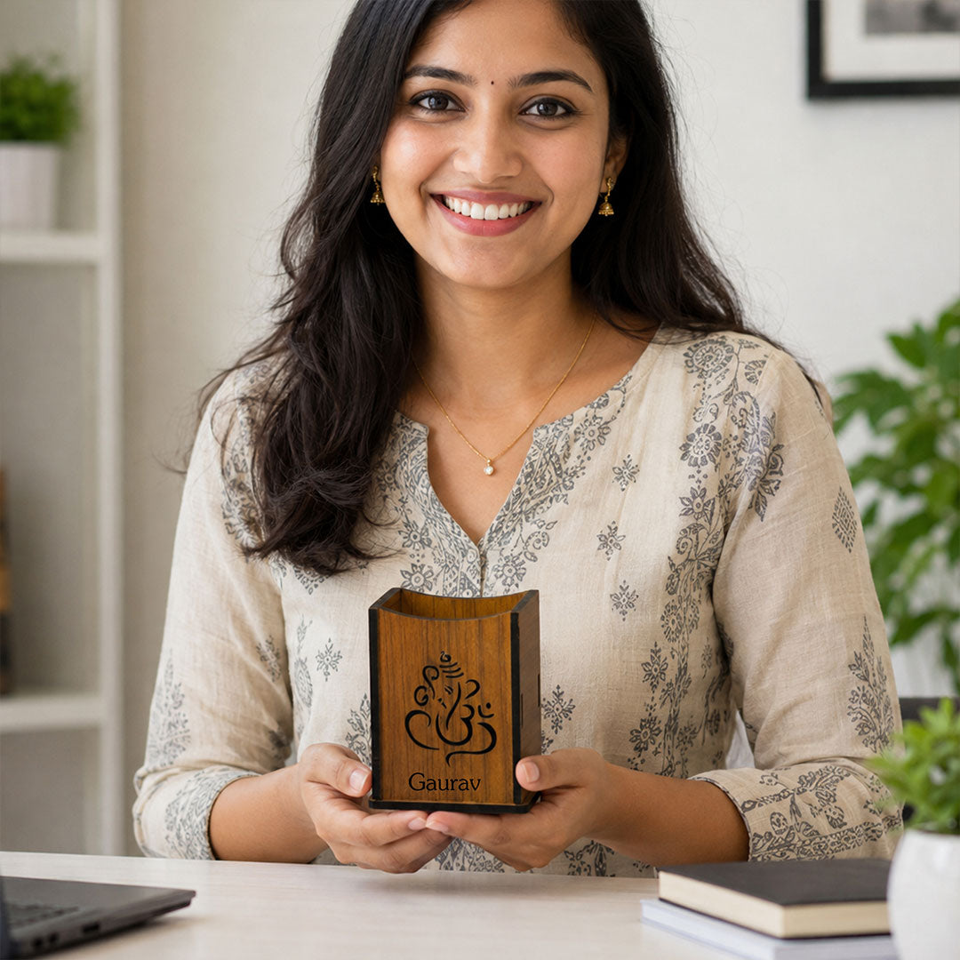 Personalized Wooden Pen Stand | Lord Ganesha Desk Organizer | 6x4" | Love Craft Gifts™