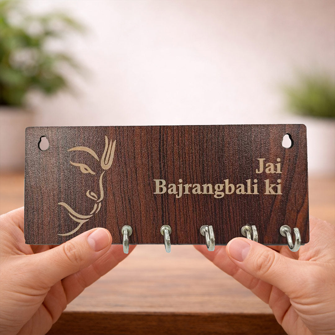 Spiritual wooden key holder with Bajrangbali design to keep your keys organized with divine blessings.