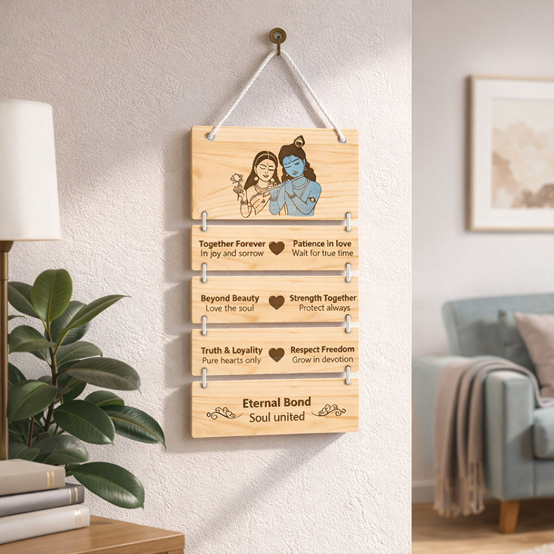 Radha Krishna Pine Wood Hanging Wall Decor – Eternal Love Quote Frame (15 x 9 Inch) | Love Craft Gifts