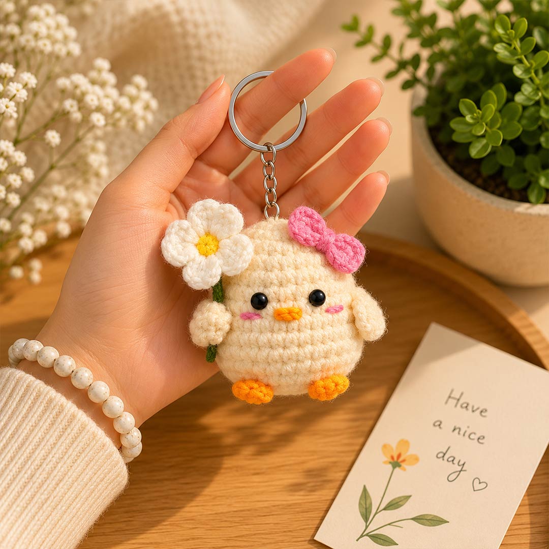 Cute Handmade Crochet Chick Keychain with Flower & Pink Bow | Amigurumi Chicken Bag Charm| Love Craft Gifts™