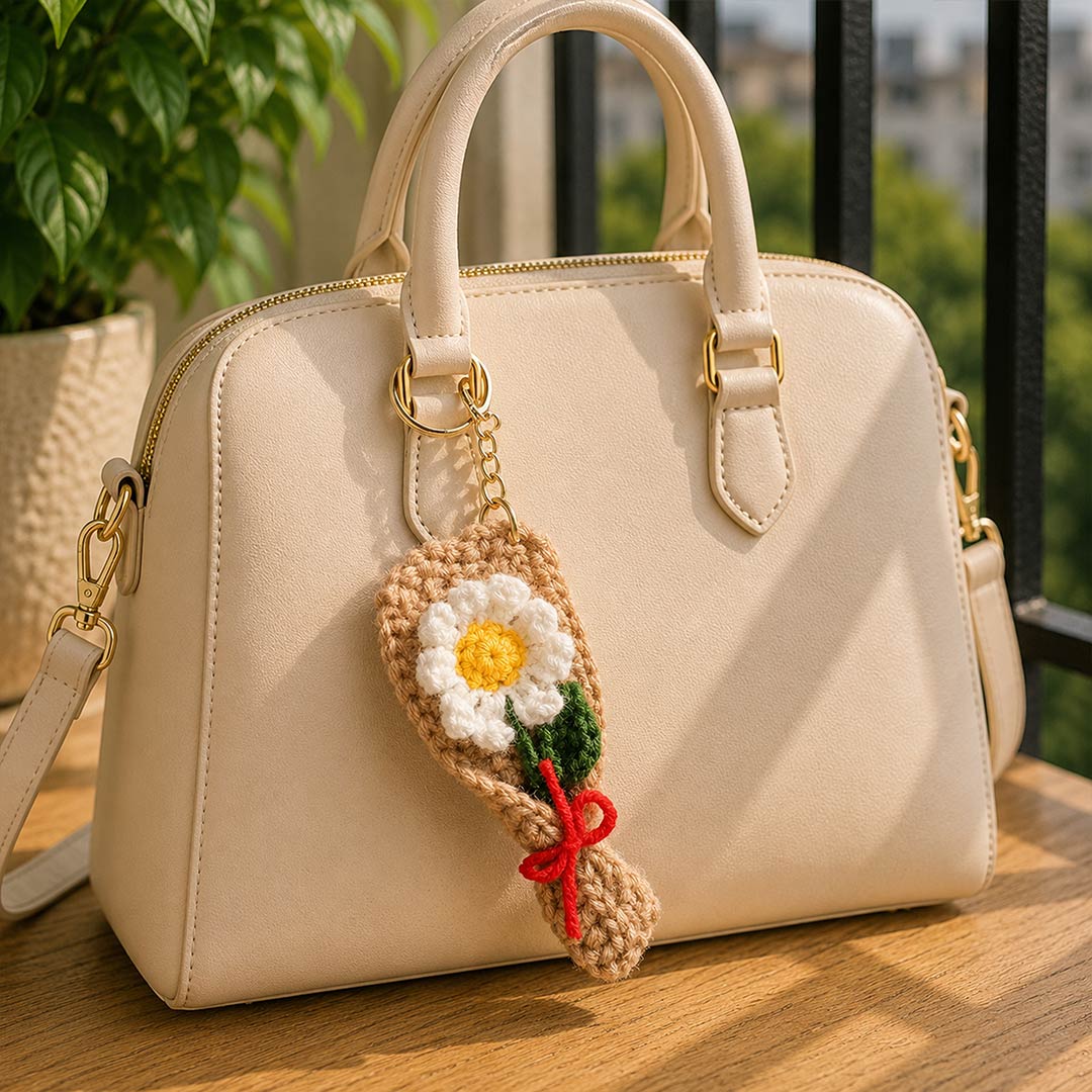 Crochet Daisy Flower Keychain with Red Bow | Cute Handmade-Style Floral Bag Charm | Love Craft Gifts™