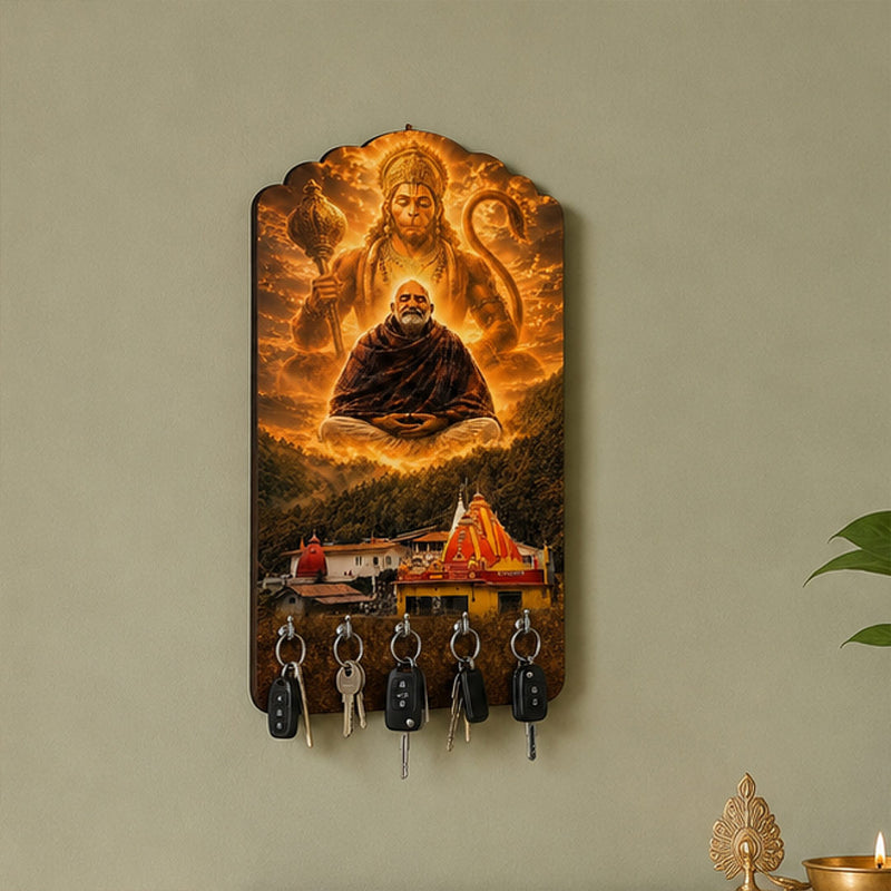 Wooden Neem Karoli Baba & Hanuman Ji Key Holder 7×12" | Maharaj-ji Spiritual 5 Hook Wall Key Hanger | Love Craft Gifts™