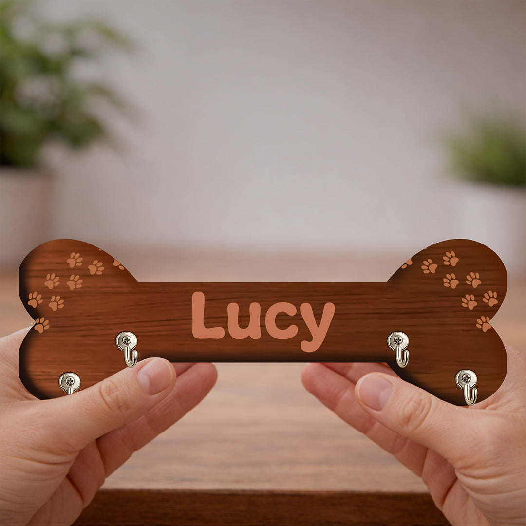 Personalized Dog Bone Wooden Key Holder (8x2.5 Inch) – Custom Name Pet Wall Hook Organizer | Love Craft Gifts™