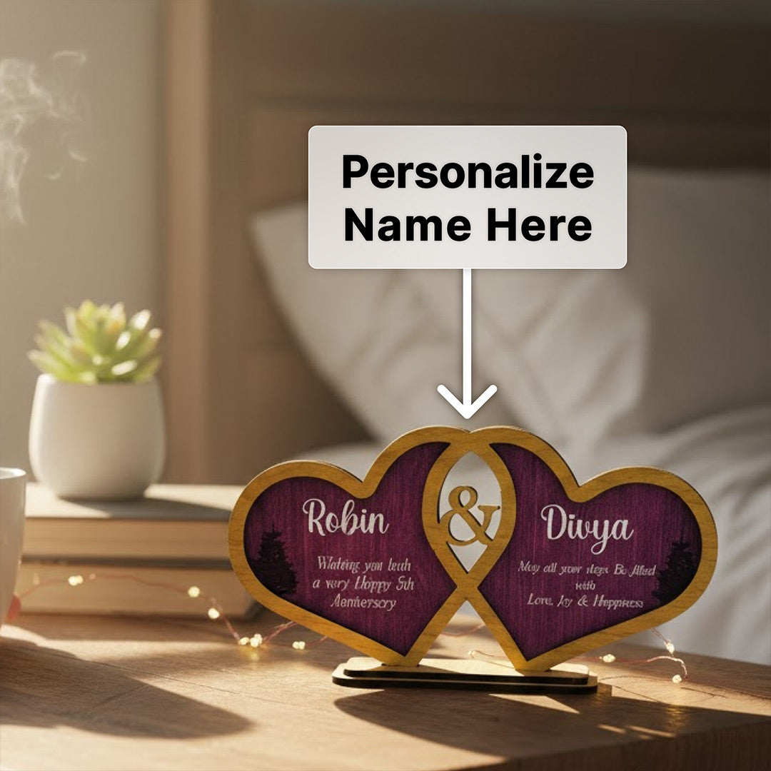 Personalized Double Heart Wooden Name Stand – Couple Gift | Love Craft Gifts