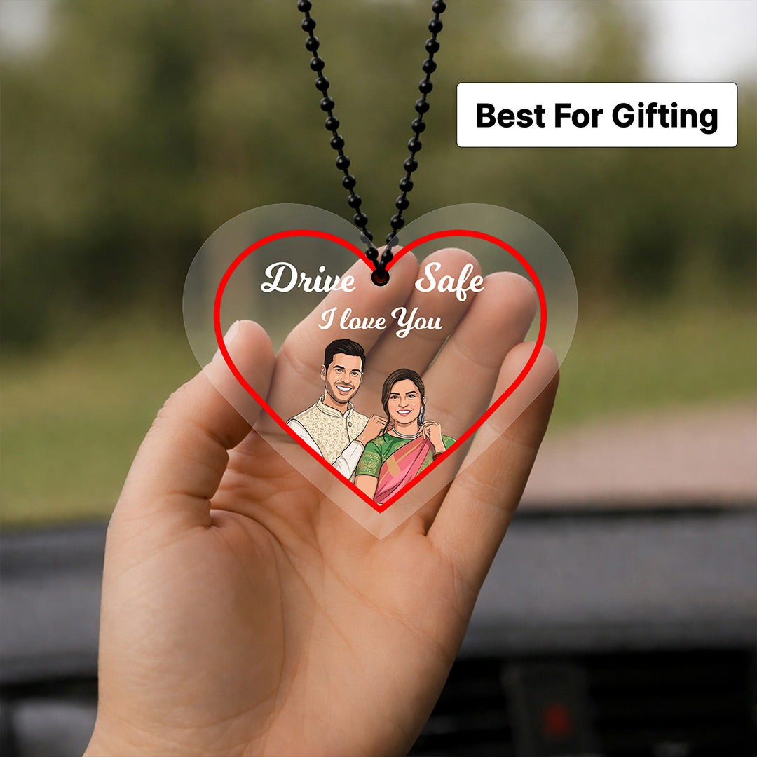 Personalized Heart Shape Car Hanging with Photo & Name Custom Acrylic Couple Charm (2.5x2.5 Inch) Drive Safe Gift for Husband, Boyfriend & Couple | Love Craft Gifts