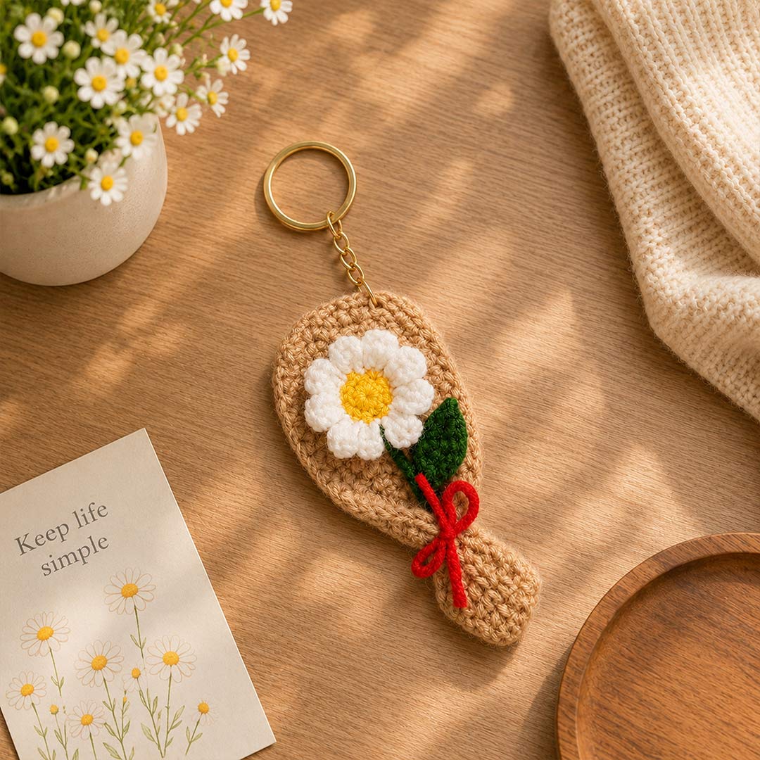 Crochet Daisy Flower Keychain with Red Bow | Cute Handmade-Style Floral Bag Charm | Love Craft Gifts™