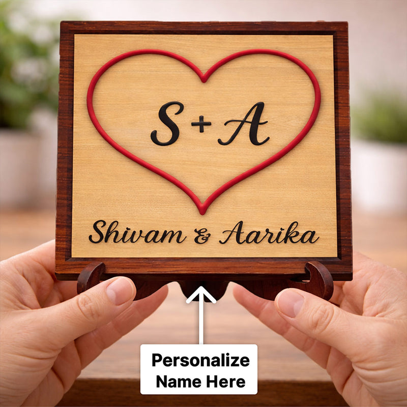 Personalized Couple Name Wooden Table Top Frame (6x6 Inch) Custom Initial Heart Design Plaque Gift for Couples | Love Craft Gifts