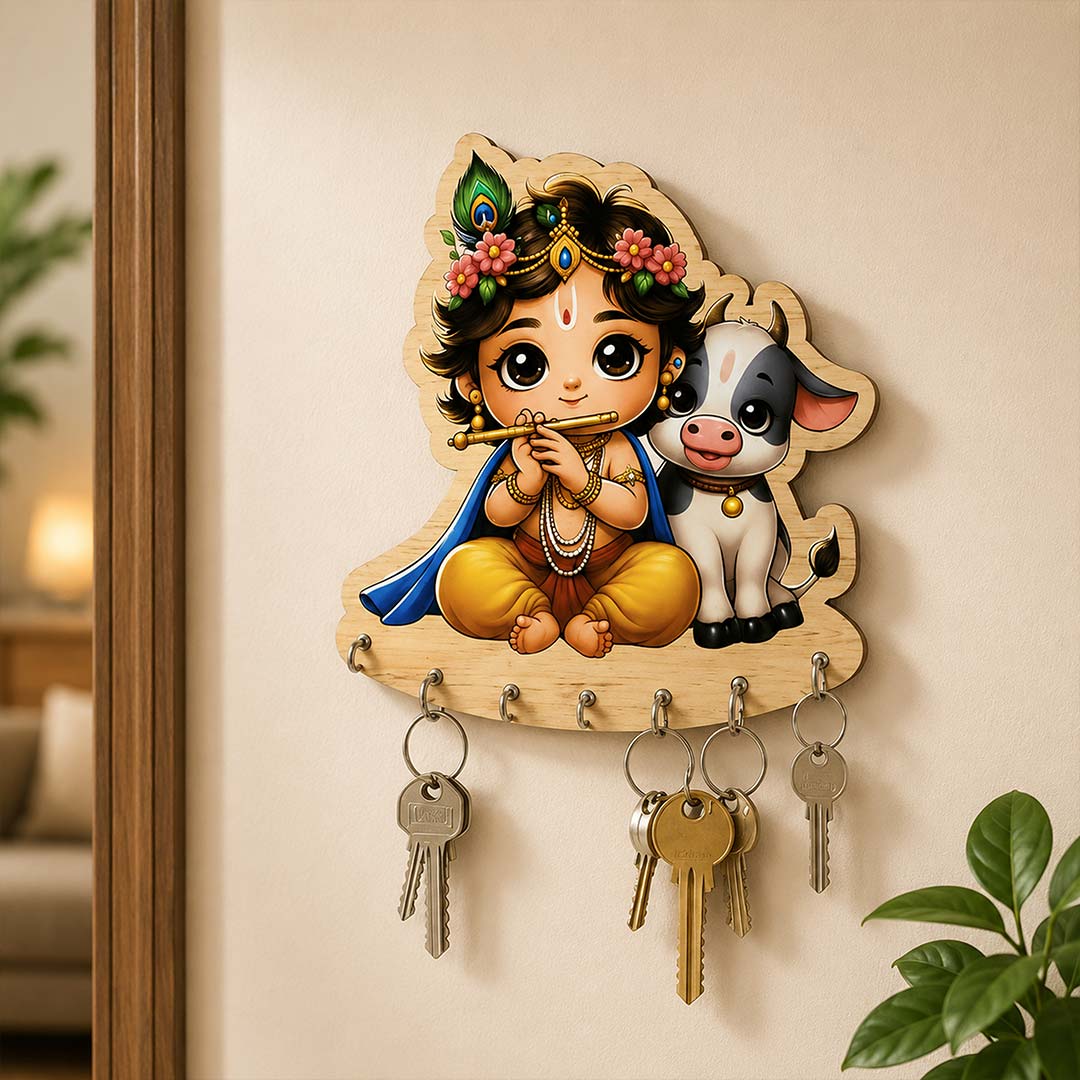 Bal Krishna with Cow Wooden Key Holder 6x8" | Cute Lord Krishna Flute Wall Key Organizer | Love Craft Gifts™