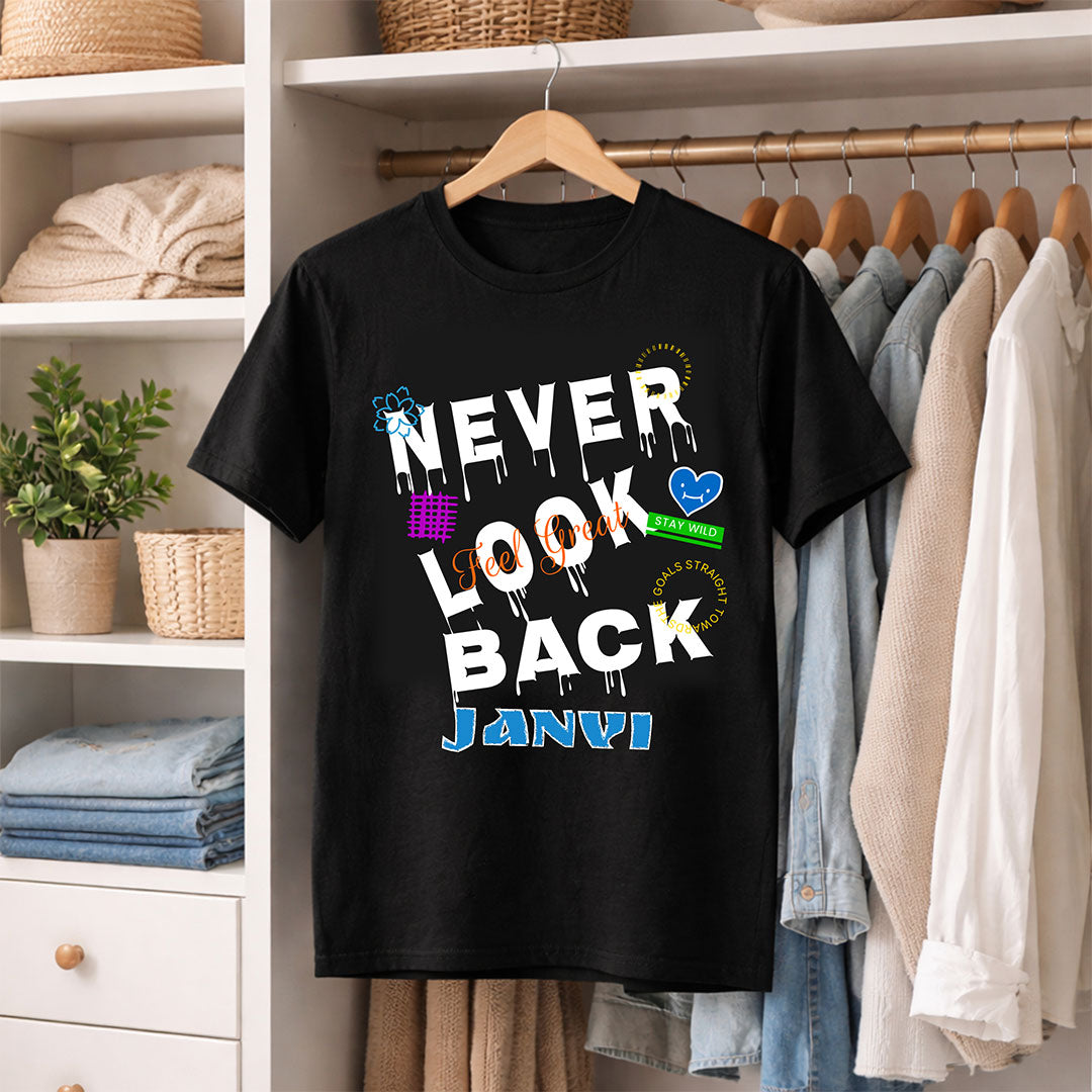 Personalized Never Look Back Name T-Shirt for Girls – Custom Printed Black Motivational Tee | Love Craft Gifts