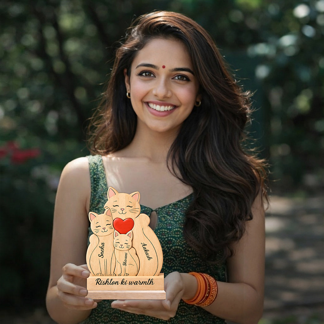 Personalized “Rishton Ki Warmth” Wooden Family Cats Name Stand Custom Name Print (5x7 Inch) Cute Desk Decor Gift for Family, Couples & Kids | Love Craft Gifts