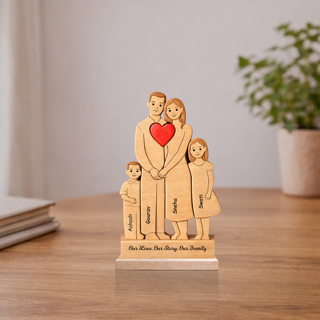 Personalized Wooden Family Figurine Table Stand (5x8 Inch) – Custom Name Family Décor Gift with Heart Design for Parents, Anniversary & Home Decoration | Love Craft Gifts