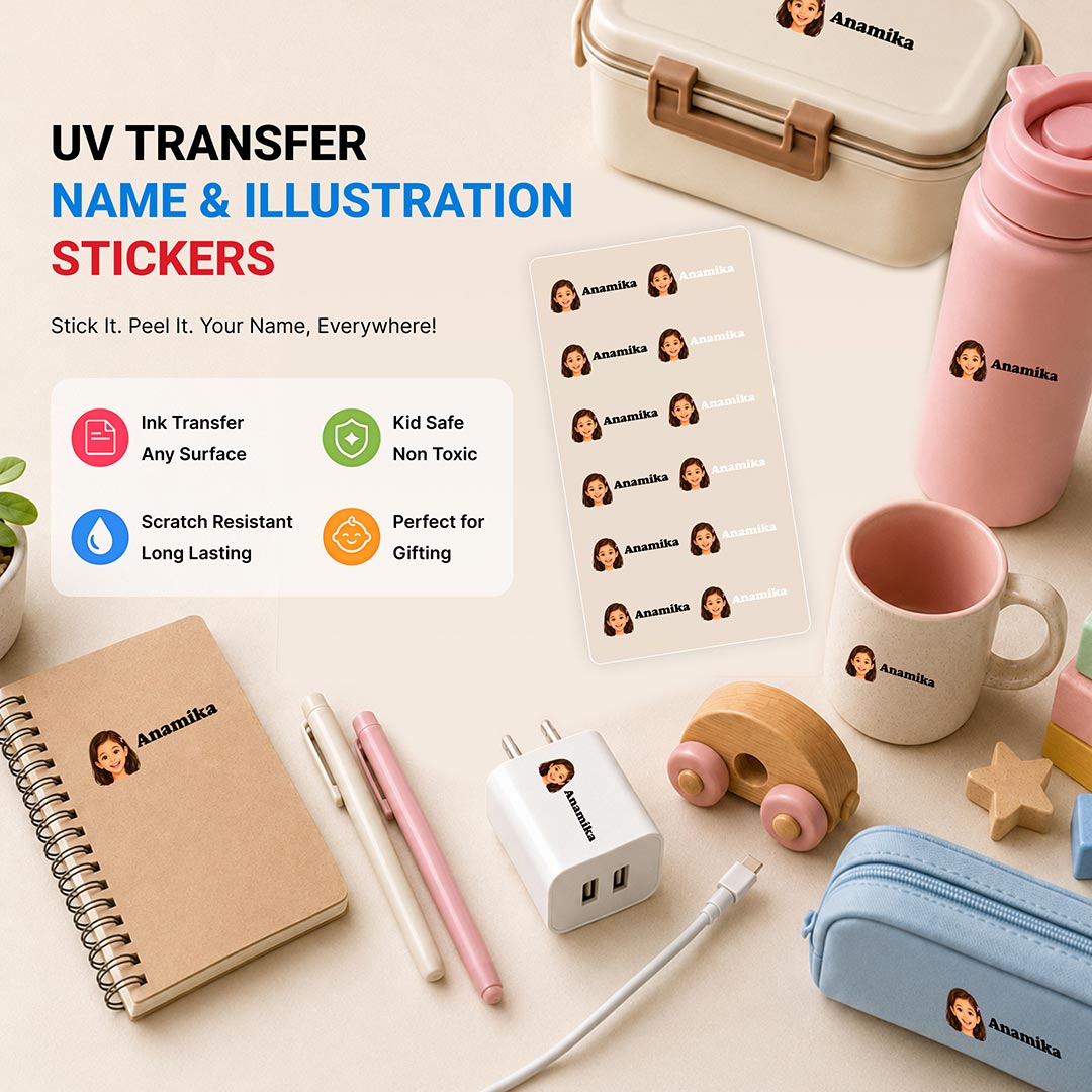 Personalized UV Ink Transfer Girl Photo & Name Stickers (12 Stickers) | Custom Face & Name Labels for Water Bottles, Lunch Boxes, Laptops, Mobile Cases & Everyday Essentials | Love Craft Gifts™