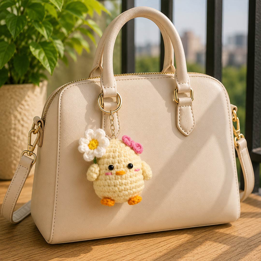 Cute Handmade Crochet Chick Keychain with Flower & Pink Bow | Amigurumi Chicken Bag Charm| Love Craft Gifts™