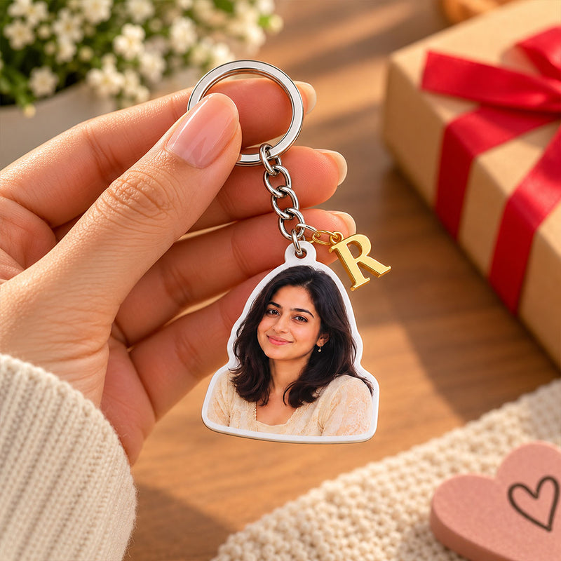 Personalized Photo Keychain with Initial Charm | Custom Face Cutout Keyring Gift | Love Craft Gifts™