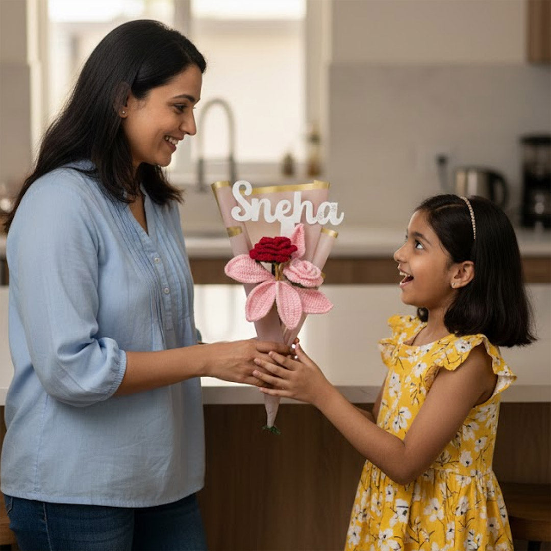 Personalized Pink Rose Crochet Bouquet – Handmade Forever Flower Gift | Love Craft Gifts