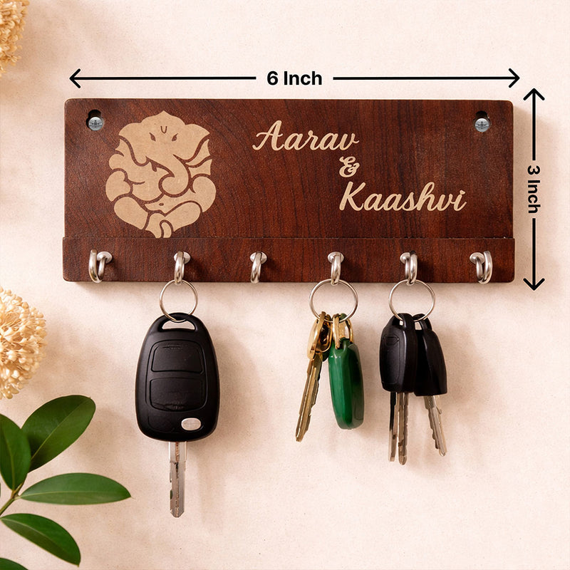 Personalized Wooden Key Holder with Lord Ganesha Design (6x3 Inch) – Custom Name Wall Key Hanger with 5 Hooks for Home Entrance Décor | Love Craft Gifts