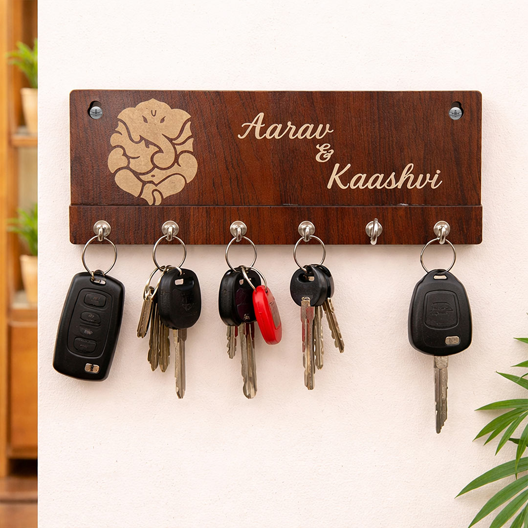 Personalized Wooden Key Holder with Lord Ganesha Design (6x3 Inch) – Custom Name Wall Key Hanger with 5 Hooks for Home Entrance Décor | Love Craft Gifts