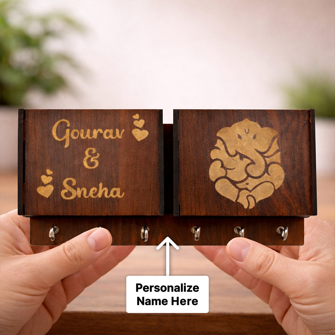 Personalized Wooden Key Holder & Phone Stand with Ganesha Design (8x4 Inch) Custom Name Engraved Wall & Desk Organizer Gift for Home | Love Craft Gifts