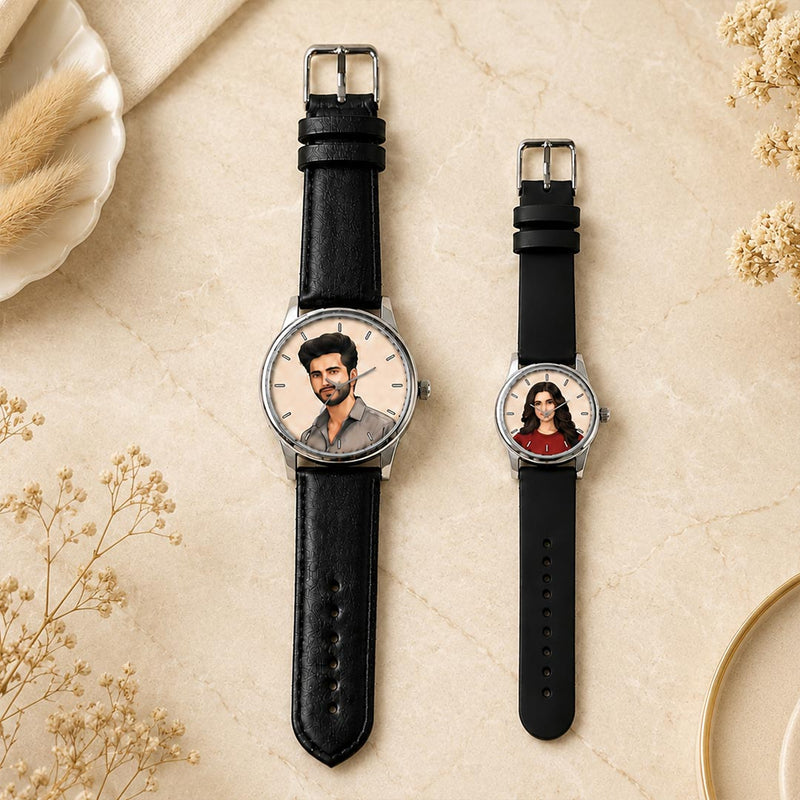 Personalized His & Her Photo Watch Set with Black Straps | Romantic Gift | Love Craft Gifts™