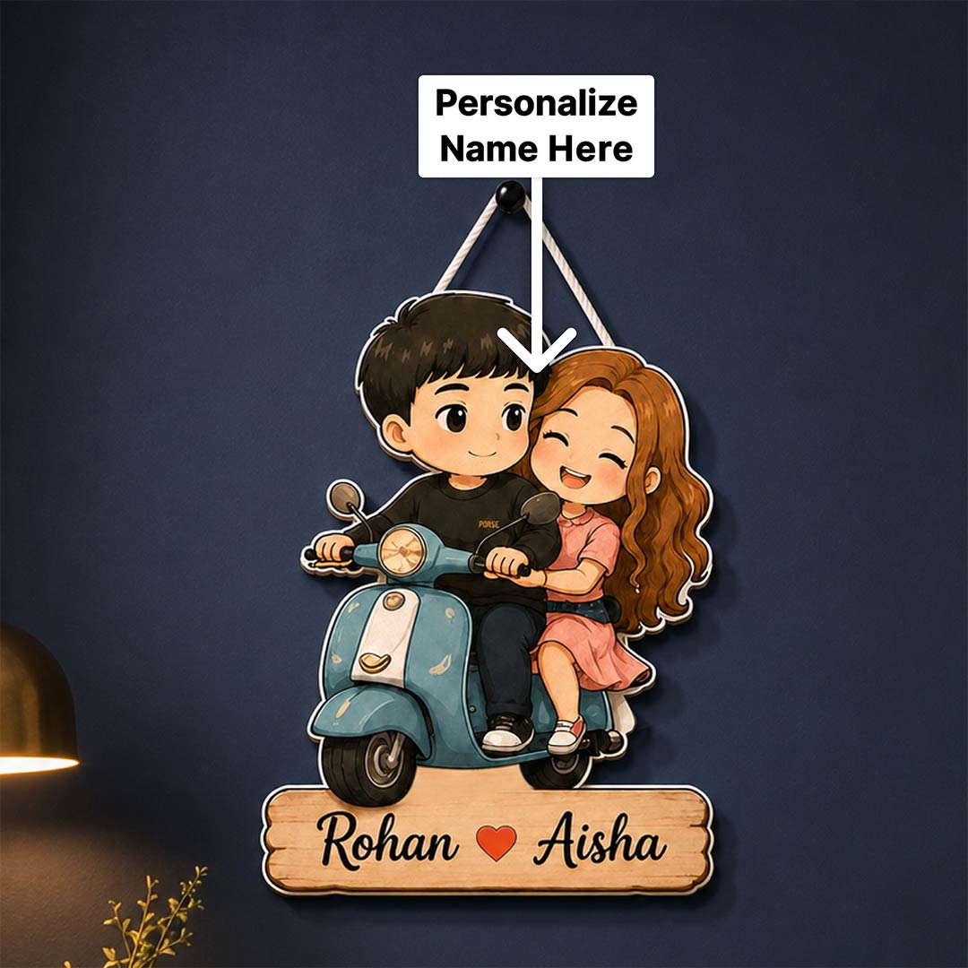 Personalized Couple Scooter Wooden Hanger | Cute Cartoon Couple Wall Décor | Romantic Wooden Hanging Gift | 8x12" | Love Craft Gifts™