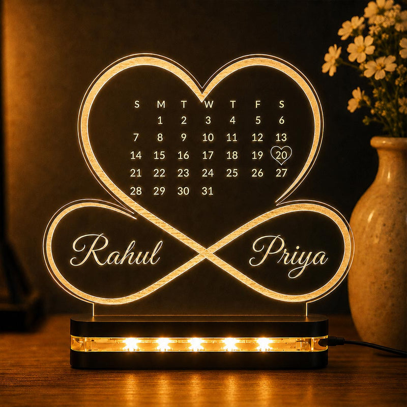 Personalized Couple Calendar LED Acrylic Lamp 6x8"| Romantic Anniversary Gift for Couple | Love Craft Gifts™