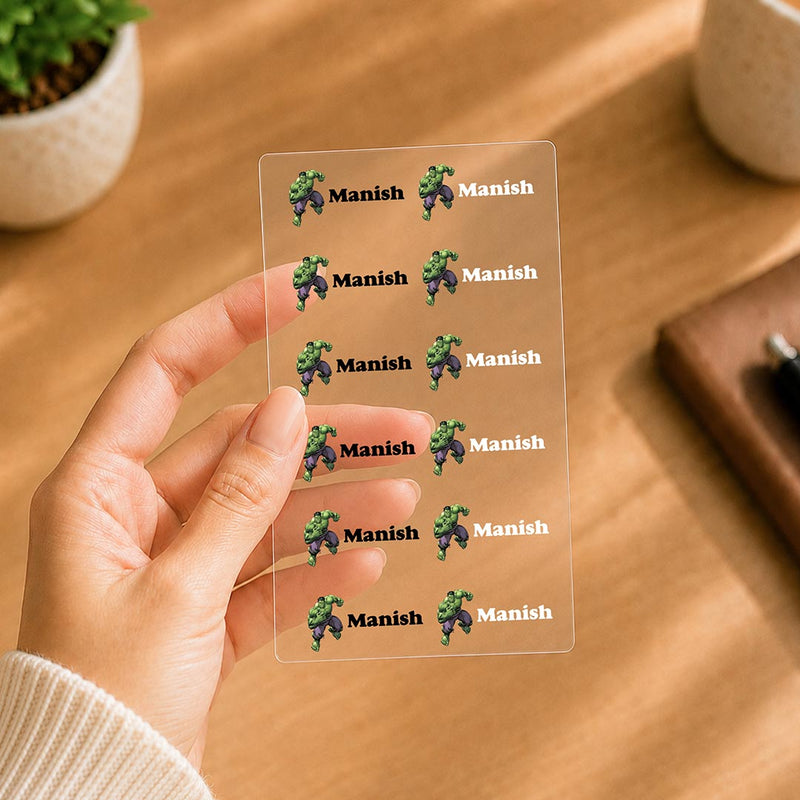 Personalized UV Ink Transfer Hulk Name Stickers (12 Stickers) | Custom Name Labels for Water Bottles, Lunch Boxes, Laptops, Mobile Cases & Everyday Essentials | Love Craft Gifts™