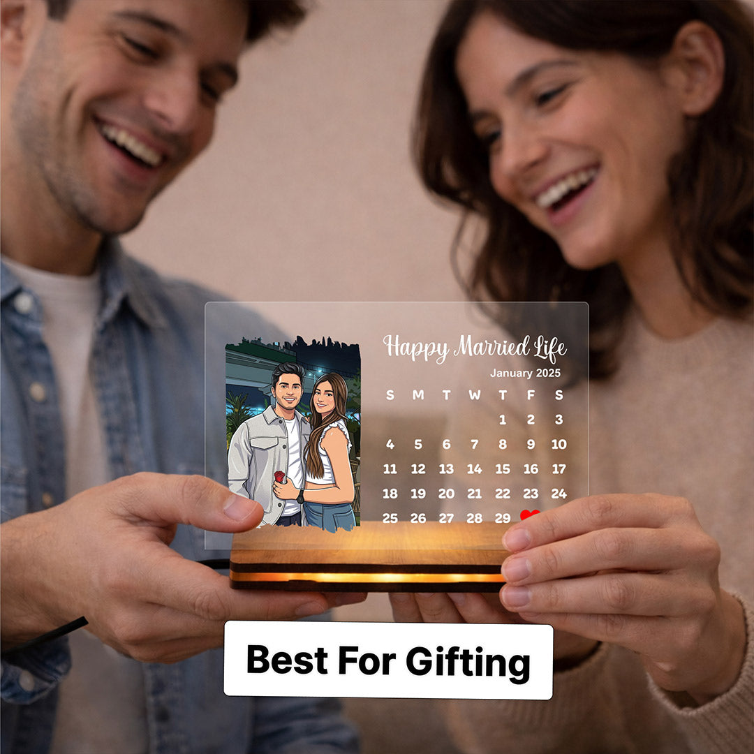 Personalized LED Acrylic Calendar Photo Frame with Warm White Light (7x5 Inch) Custom Couple Photo & Date Night Lamp Gift for Husband, Wife & Couples | Love Craft Gifts