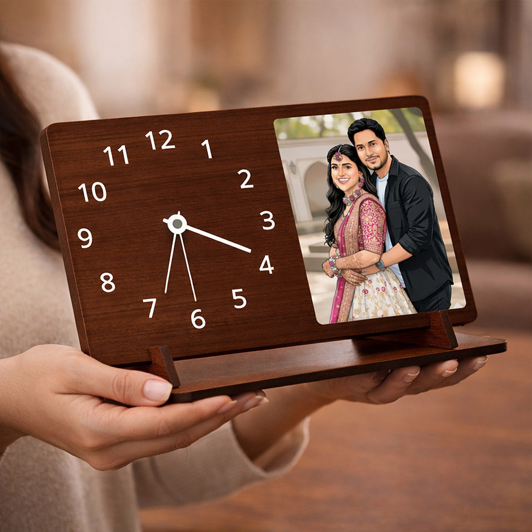 Personalized Wooden Desk Clock with Custom Photo Print (9x5 Inch) Table Top Clock with Photo Frame Gift for Couple, Husband & Wife | Love Craft Gifts
