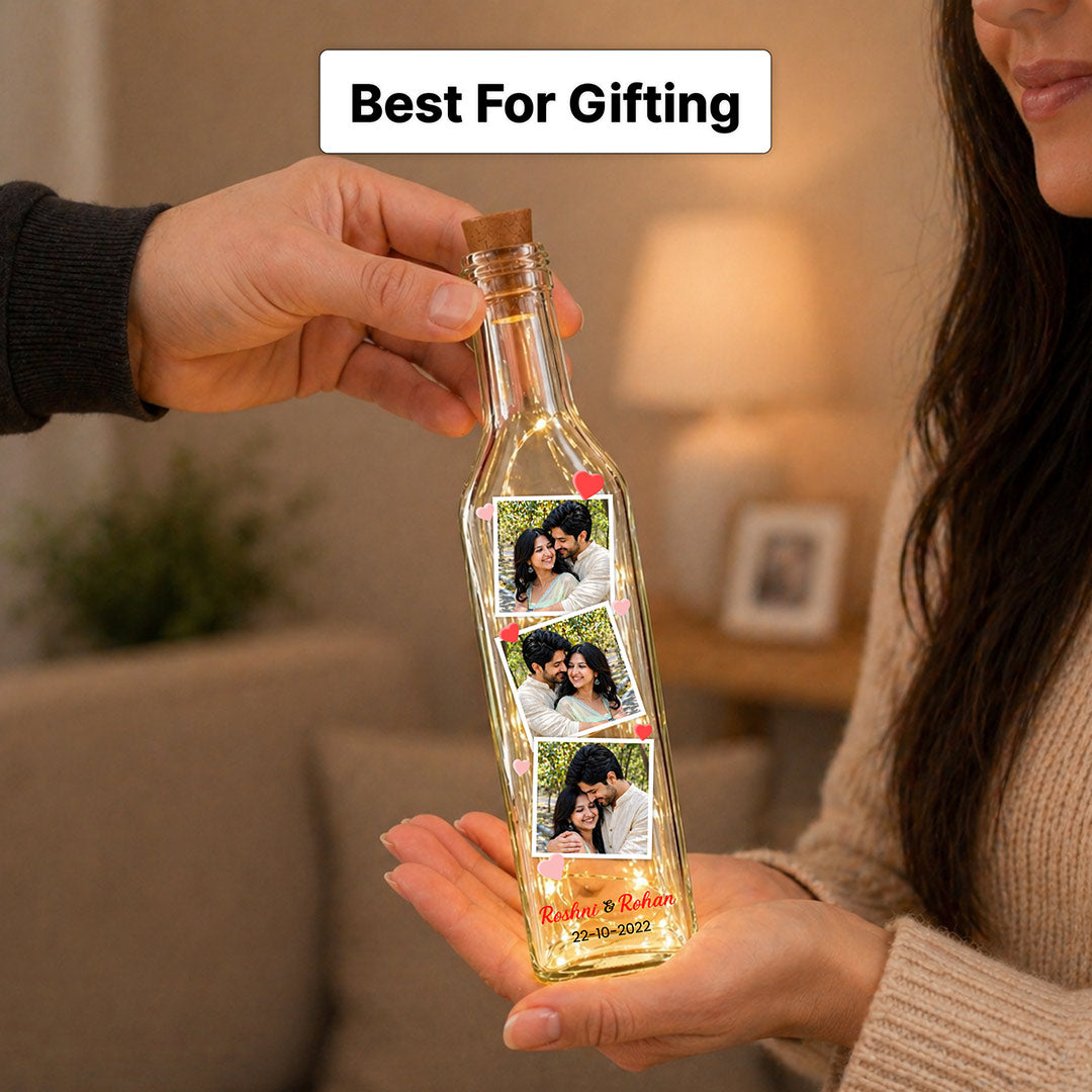 Personalized 3 Photo LED Bottle Lamp (Standard Size) – Custom Couple Memory Light with Name & Date | Love Craft Gifts™