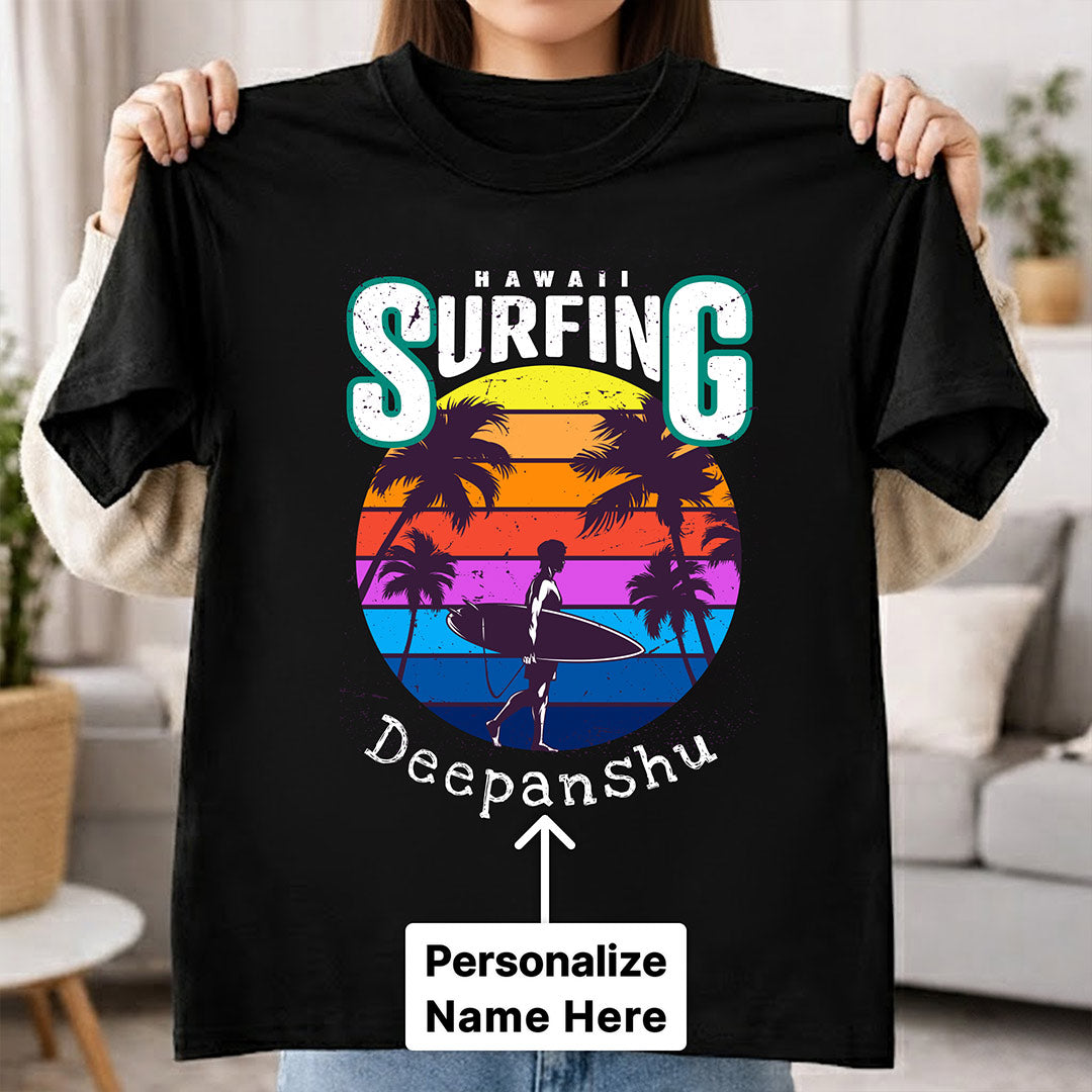 Personalized Hawaii Surfing Black T-Shirt – Custom Name Printed | Love Craft Gifts