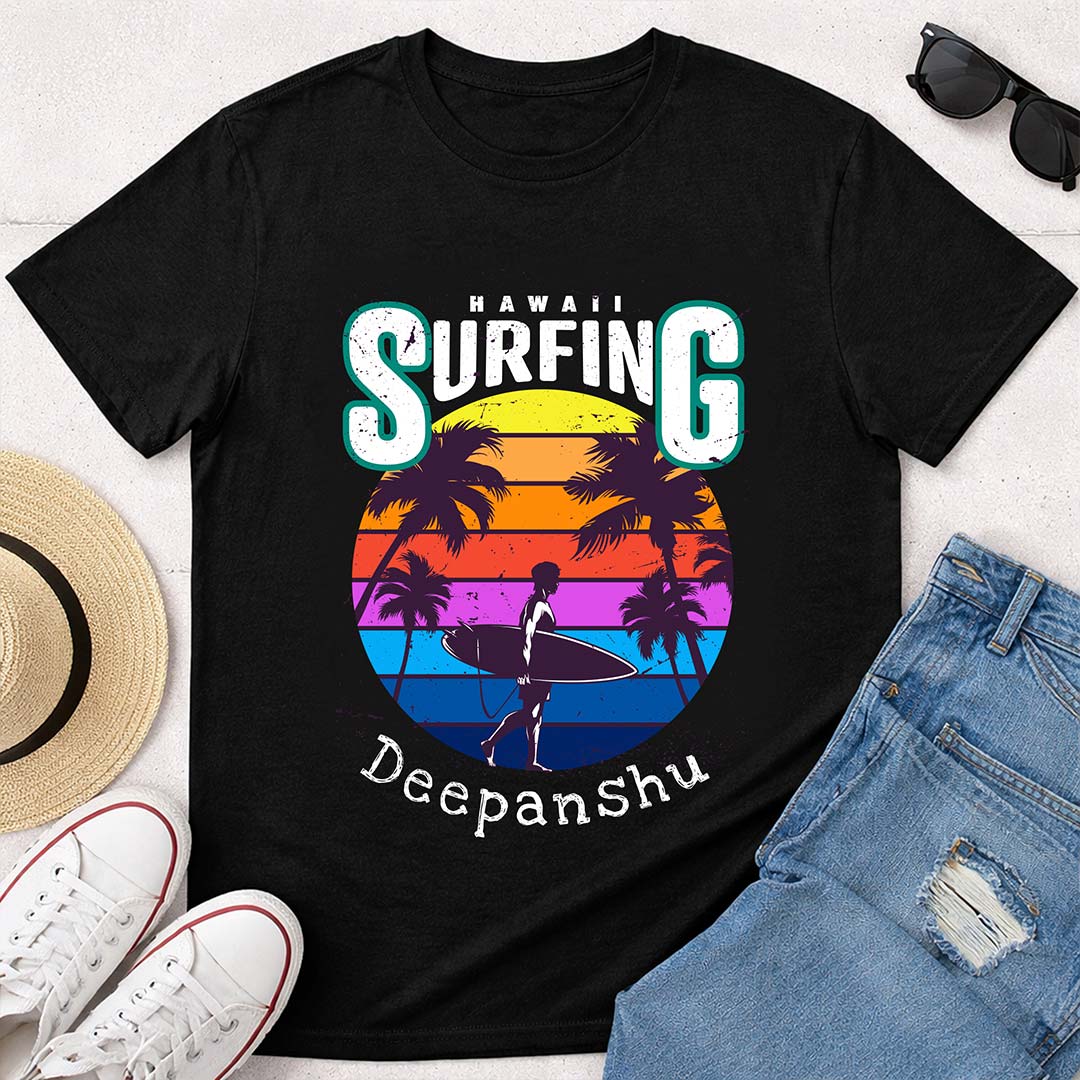 Personalized Hawaii Surfing Black T-Shirt – Custom Name Printed | Love Craft Gifts
