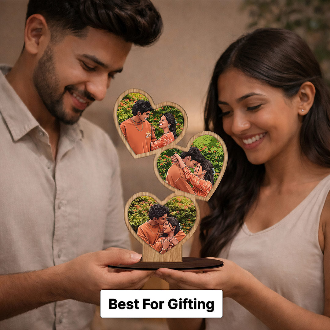 Personalized Heart Shape Wooden Photo Stand (5x8 Inch) Custom Couple Photo Collage Table Top Décor Gift for Couples | Love Craft Gifts