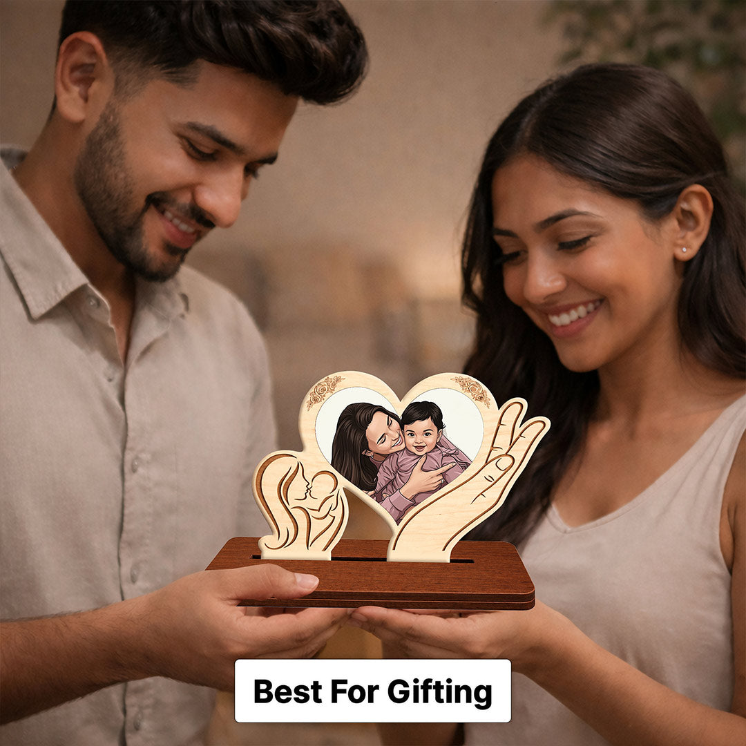 Personalized Mother & Baby Wooden Photo Table Stand (Heart Design) Custom Mom & Child Keepsake Gift for Mother’s Day, Birthday & New Moms | Love Craft Gifts