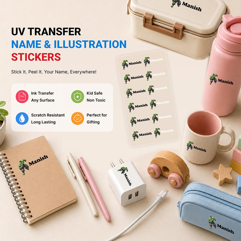 Personalized UV Ink Transfer Hulk Name Stickers (12 Stickers) | Custom Name Labels for Water Bottles, Lunch Boxes, Laptops, Mobile Cases & Everyday Essentials | Love Craft Gifts™
