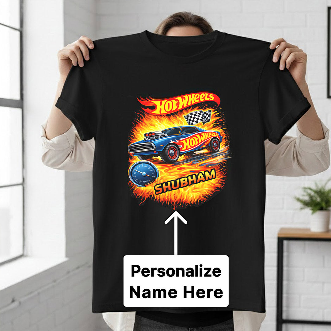 Personalized Hot Wheels Racing Car Name Print Black T-Shirt – Unisex Casual Wear | Love Craft Gifts