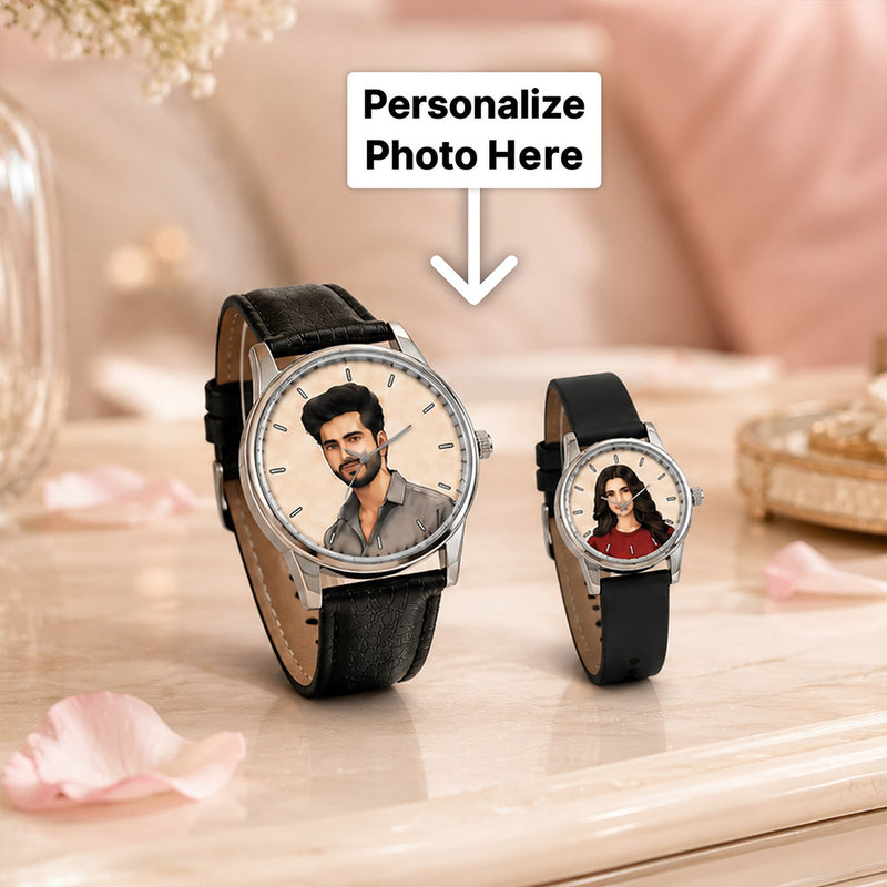 Personalized His & Her Photo Watch Set with Black Straps | Romantic Gift | Love Craft Gifts™
