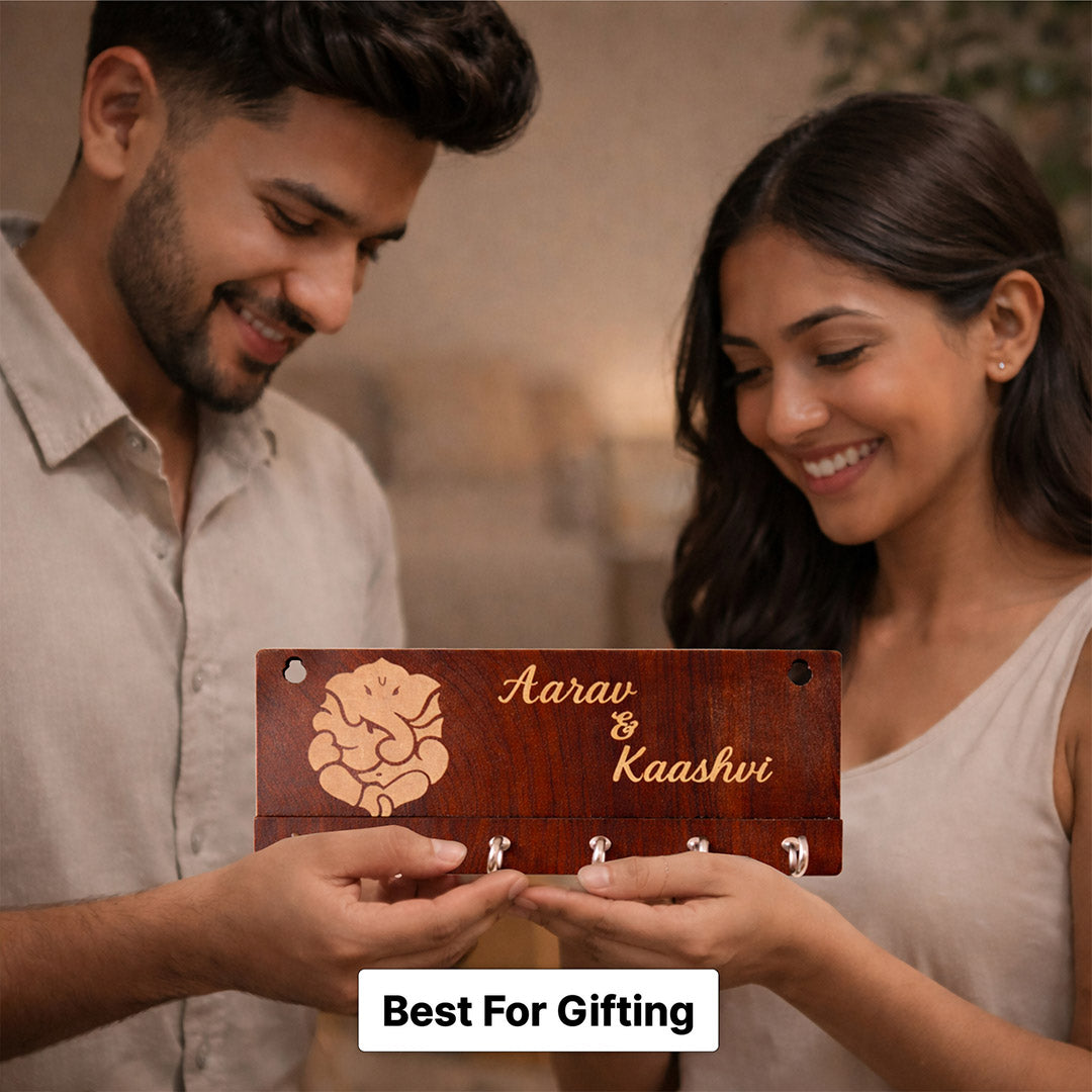 Personalized Wooden Key Holder with Lord Ganesha Design (6x3 Inch) – Custom Name Wall Key Hanger with 5 Hooks for Home Entrance Décor | Love Craft Gifts