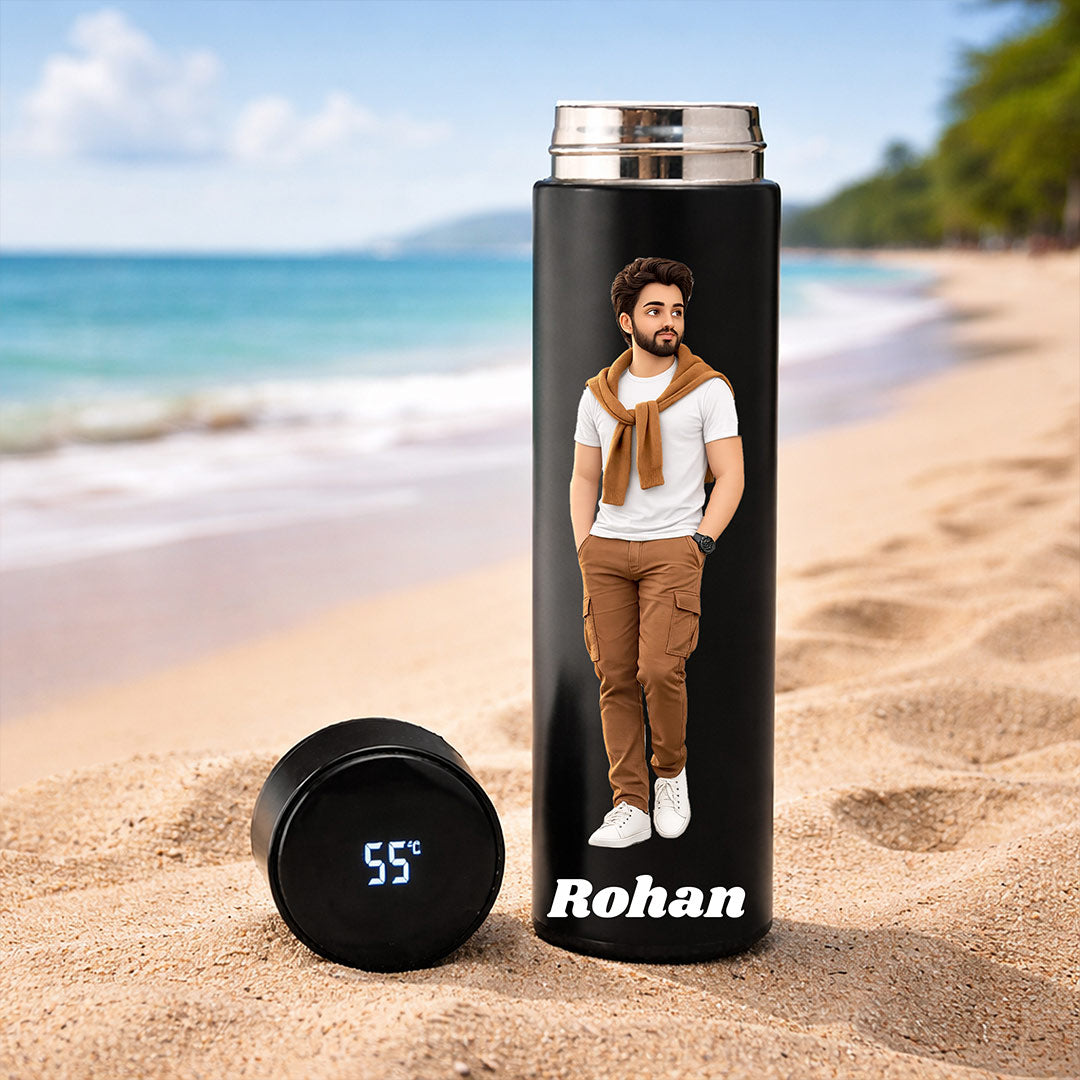 Personalized Temperature Display Water Bottle (500ml, Matte Black) Custom Photo & Name Smart Bottle Gift for Boys, Husband & Friends | Love Craft Gifts
